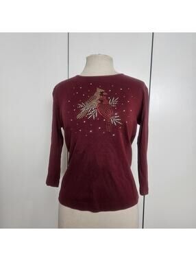 Burgundy long sleeve top with rhinestone cardinal bird design